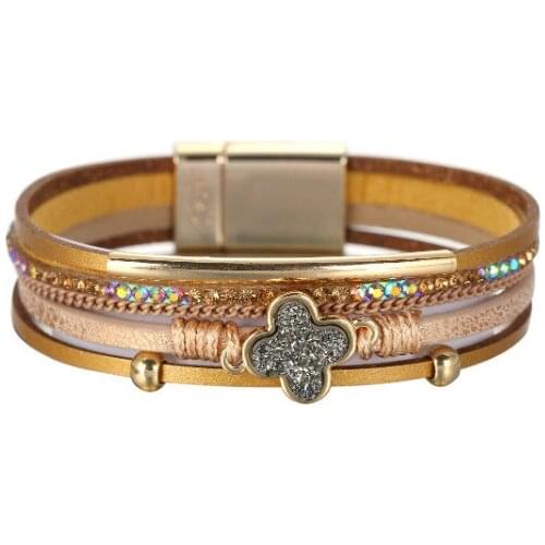 ORNAPEADIA 2021 New Bohemian Bracelet Crystal Ethnic Style Jewelry PU Fur Leaf Lucky Bracelet Wholesale