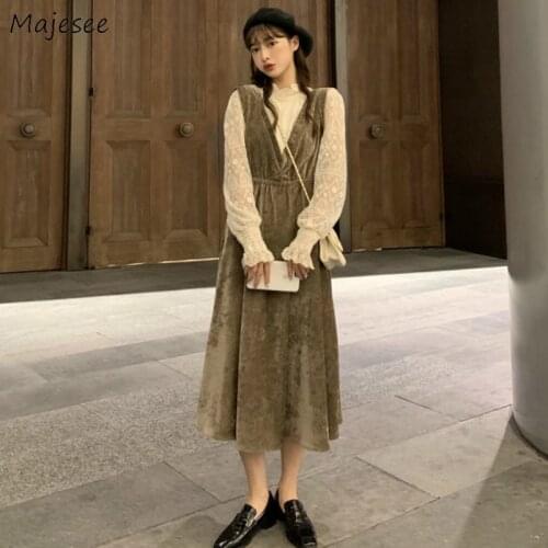 Sleeveless Dress Women V-neck Solid Soft All-match Autumn Simple Design Warm Elegant Vintage Tender Stylish Outerwear Korean New