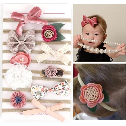 10Pcs/Set Lace Flower Glitter Bowknot Headband for Baby Girls Leather Elastic Hair Band Velvet Cartoon Line Hair Accessories