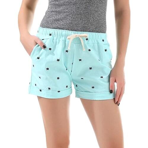 Danjeaner Women Shorts Summer Leisure Beach Loose Drawstring Cotton Shorts Elastic Waist Cat Head Printed Short Mujer