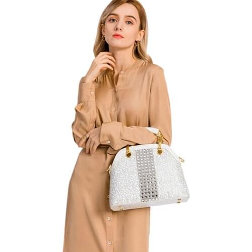 New Genuine Leather Bag Women Handbag Cowhide Crocodile Lace Luxury Fashion Diamond Bag Ladies Shoulder Messenger Shell Bags