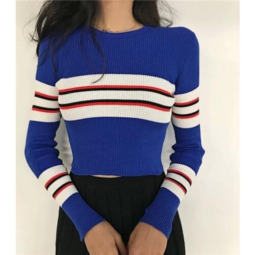 New Autumn Women Striped Sweater O-Neck Cropped Sweater Pullover Crop Top For Female