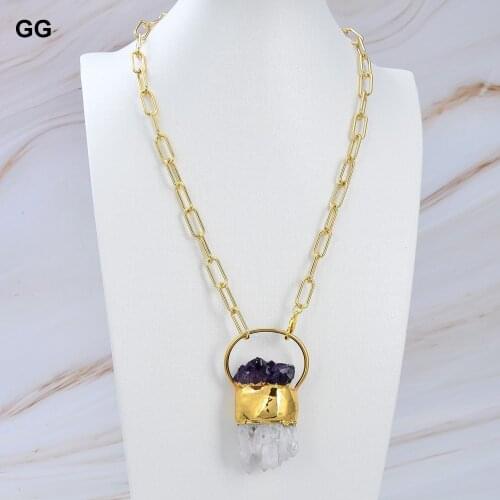 GuaiGuai Jewelry White Quartzs Druzy Amethysts Luster rough Pendant Necklace Gold Plated Chain Necklace 20" for women