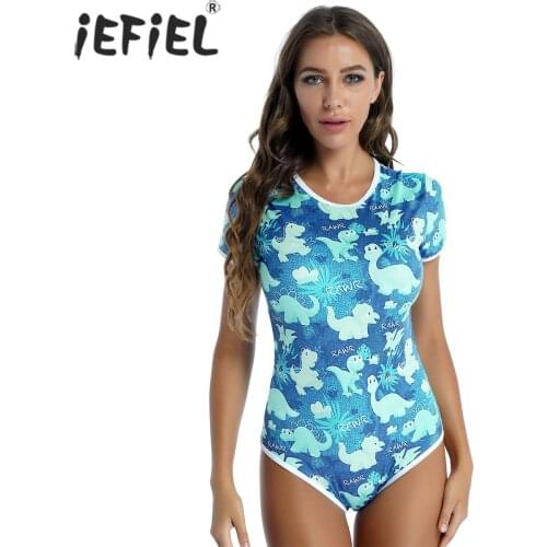 Women Fashion Skinny Cartoon Print Bodysuit Short Sleeve Rompers Jumpsuits Round Neck Catsuit Teddies Colorful Lingerie Costume