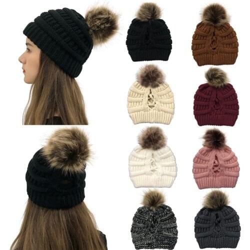 Women Autumn Winter Vintage Solid Color Knitted Hat Cap Soft Warm Cute Pompom Beanie Ladies Casual Horsetail Cap