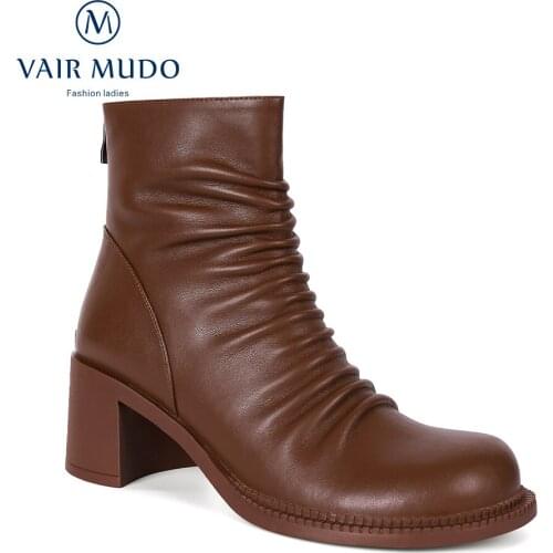 VAIR MUDO Women Ankle Boots High Heels Black Brown Round Toe Chelsea Boots Concise Sewing Solid Genuine Leather ElegantWM-X143-C