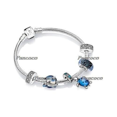 925 Sterling Silver Beaded Bracelet Peacock Murano Glass Sea Turtle With Heart Bangle For Women Wedding Gift Pandora Jewelry