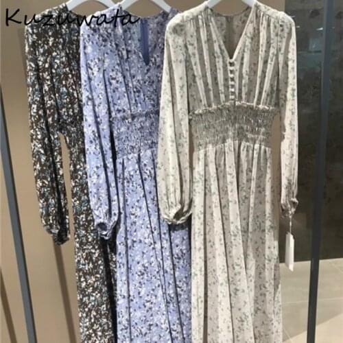 Fresh Button Chic Slim Fit Women Dress V Neck Flower Print High Waist Dresses Japan Style New Fashion Vintage Vestidos