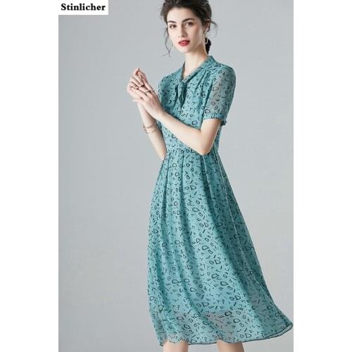 Fashion Summer Dress Women Elegant Bow Printed Chiffon Long Dress Office Ladies OL Work Dress High Quality Clothes