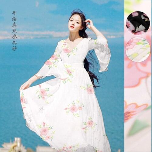 100% pure mulberry soft Hand flower painted Georgette fabric DIY Skit Scarf shirt silk fabric A91