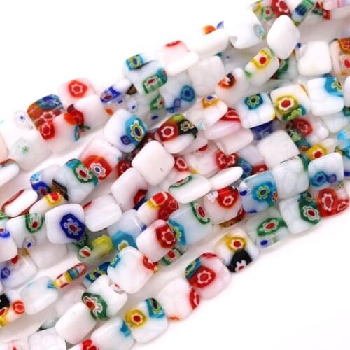 185pcs/lot 10mm Square White Lampwork Flower Beads For Jewelry Making Diy Crafts Accessories Multicolor Glass Beads Wholesale