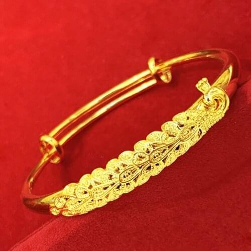 18K Yellow Gold Filled Womens Wedding Engagement Bangles Slidable Bracelet Exquisite Peacock Bracelet Jewelry Gifts