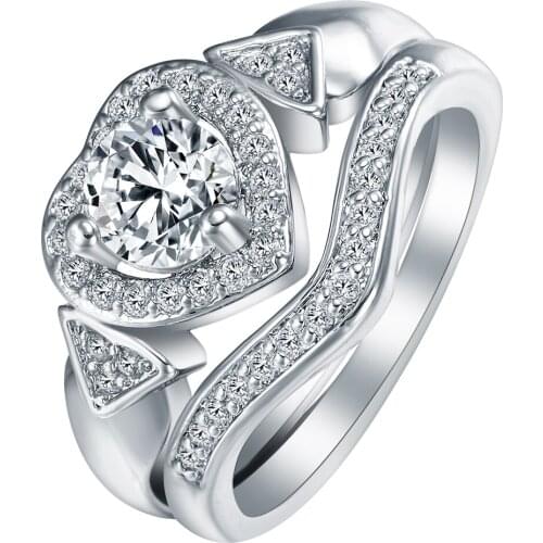 2pc heart new and hot jewelry romantic engagement jewelry paved white blue cz Bague Distribution luxury silver color ring sets