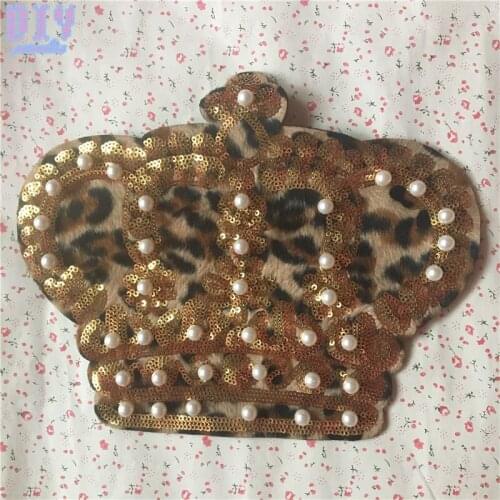 5pcs Leopard Patches crown beaded Sequins Sew On Patches for clothes DIY Embroidered Love Heart Hat Bag Patch Applique