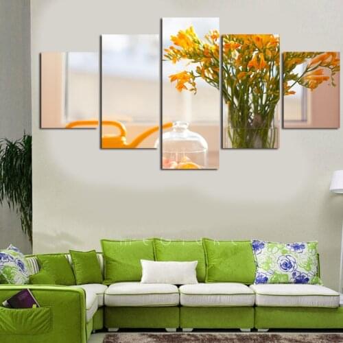 Canvas Painting Wall Art Abstract 5 Panel Yellow Flowers Framework Decorative Modular For Home Living Room Bedroom Prints