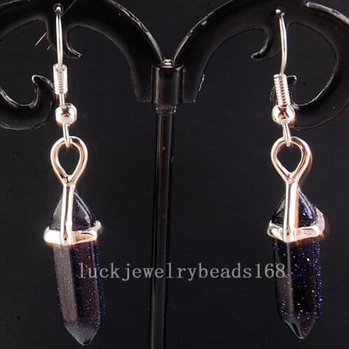 Free Shipping Women Fashion Jewelry Blue Goldstone Hexagonal Reiki Chakra Beads Dangle Earrings Pair C4153