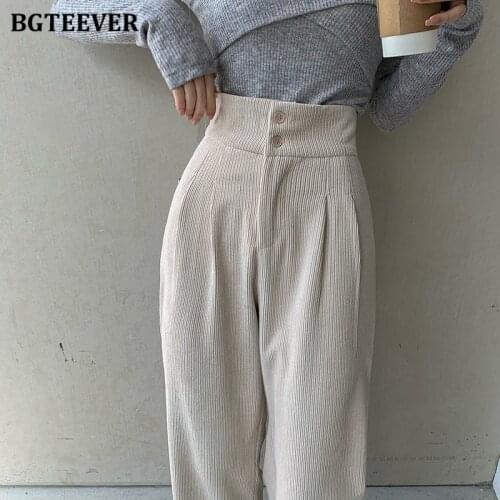 BGTEEVER Fashion Women Corduroy Long Pant High Waist Double Button Loose Female Straight Leg Trousers Casual Pantalon Femme 2021