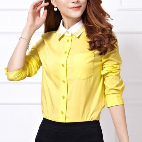 Fall Spring Fashion Office Lady Woman Patchwork Slim Yellow Full Sleeve Cotton Blouse Shirt , Autumn Women Cardigan Xxl Blouses