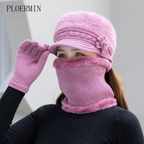 Brand Autumn Winter Beanies Caps Women Warm Wool Elegant Flowers Knitted Hat Scarf Set Female Rabbit Hair Windproof Velvet Cap
