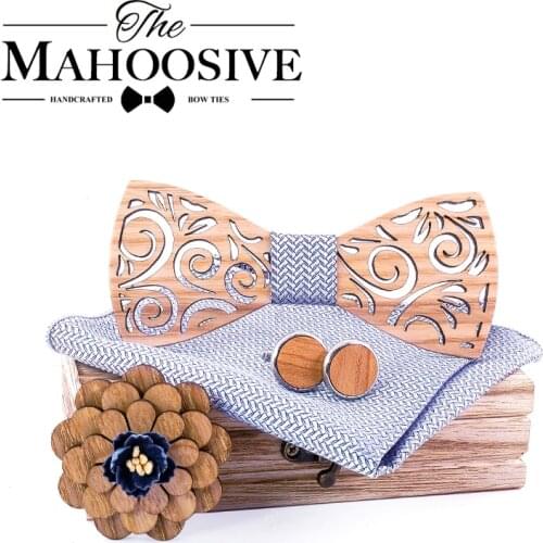 Wooden Bowtie Handky Cufflinks set Wooden Bow Tie Bow tie for Men Wedding Party Ties Pocket Square Handkerchief Cravat T297