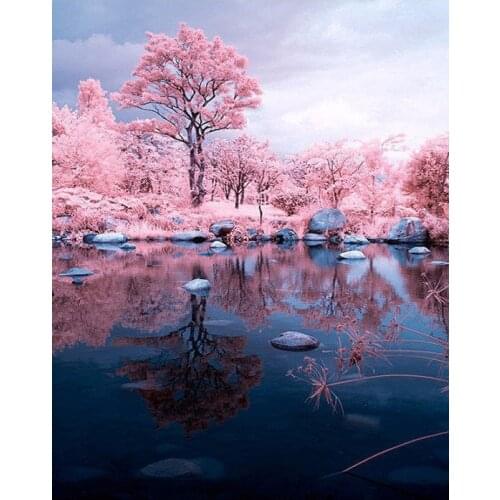 GATYZTORY DIY Oil Painting By Numbers lake Pink Trees landscape Picture By Numbers On Canvas Frameless Home Decor Rose Unique Gi