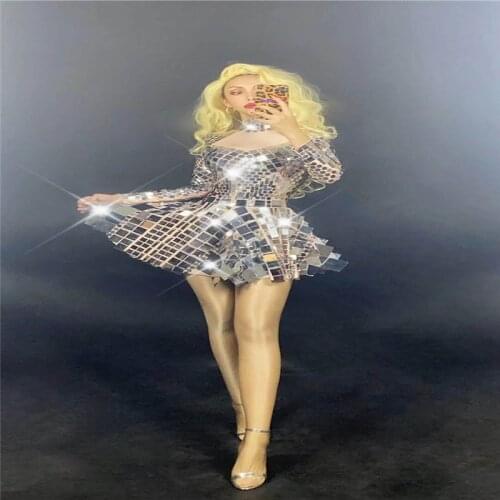 H51 Dancer Long Sleeve Ballroom Wear Party Leotard Women Sexy Pole Elastic Stretched Tight Bodysuit Sequins Lens Mirror Colorful