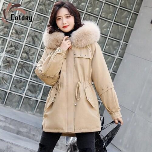 Cotday Plush Big Fur Collar Women Middle Length With Hooded Fashion Office Style Lady Winter Warm Cotton Padded Parka Coat