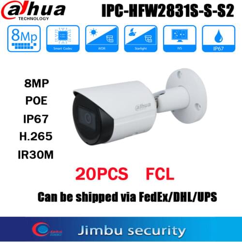 Dahua IP camera 8mp POE IPC-HFW2831S-S-S2 20PCS/LOT H.264H.265 starlight IR 30m SD card slot network camera P67, PoE IVS cctv