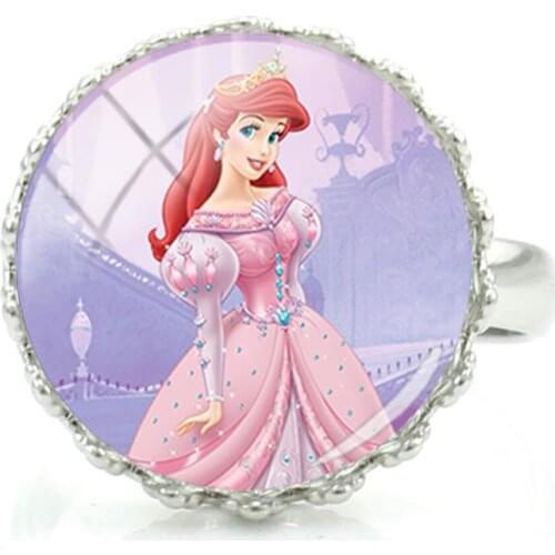 Disney Arlo Princess Ariel Belle Princess Ring Trend Glass Ladies Girls Party Ring Jewelry Dome Manual Adjustable For Friends
