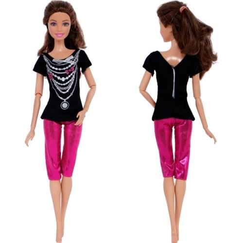 Handmade Cool Doll Outfit Necklace Bowknot Pattern T-Shirt Blouse Pants Casual Wear Clothes for Barbie Doll Accessories Baby Toy