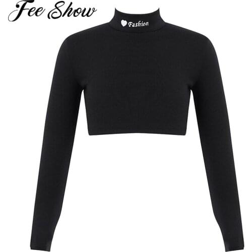 Black Kids Girls Fashion Dance Top Gym Yoga Casual T-shirt Pure Color Stand Collar Long Sleeves Keyhole Back Crop Tops Dancewear