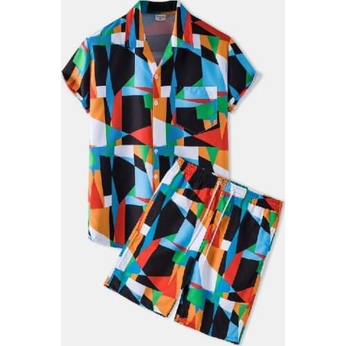 Mens Casual Two Pieces Hawaiian Shirt with Shorts Suit Short Sleeve Button Up Printed Beach Shirts for Men Men Clothing