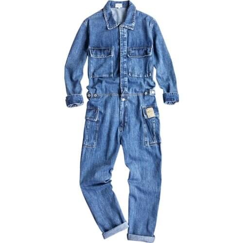 2021 Jeans Overalls Men Denim Jumpsuits Long Sleeve Lapel Multi Pocket Cotton Loose Street Cowboy Pants Blue Black Trousers