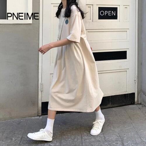 PNEIME Summer New Womens Retro Dress Loose and Thin Mid-length Student Platycodon Dress French Niche Long Skirt Straight Skirt