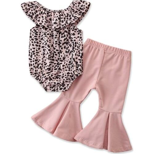 0-3Y Summer Cute Baby Girls Clothes Sets Leopard Print Off Shoulder Romper Flare Pants 2pcs Summer Clothing