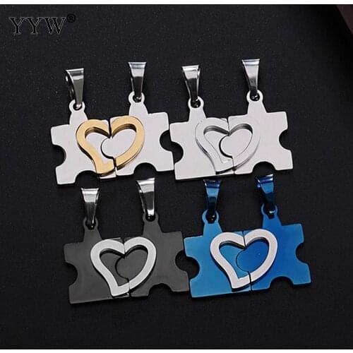 Lovely Couple Puzzle-shaped Necklaces Set Engrave Hollow Heart Stainless Steel Necklace For Lover Valentine Gift Free Shipping