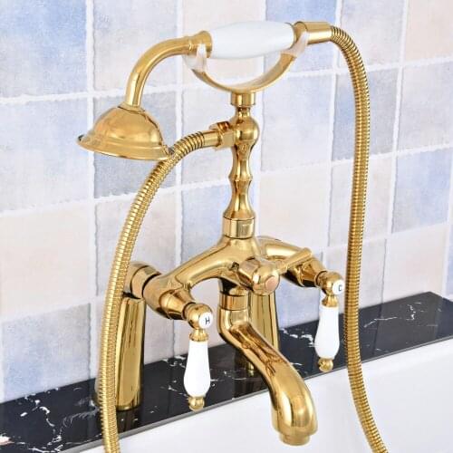 Luxury Gold Color Brass Deck Mounted Bathroom Tub Faucet Set with 1.5M Handheld Shower Spray Head Bath Mixer Tap 2tf791