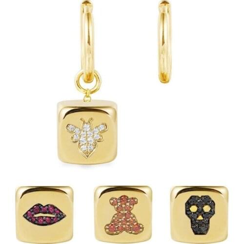 High Quality Yellow Gold Color 925 Sterling Silver Multicolor Zircon Symbol Dice Asymmetry Earrings for Women Lip bee Bear Skull