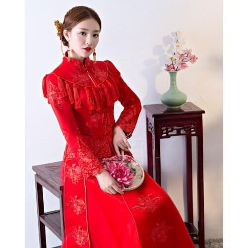 Red Vintage Traditional Wedding Dress Oriental Asian Bride Gowns Long Sleeve Embroidery Cheongsam Robe Fashion Evening Qipao