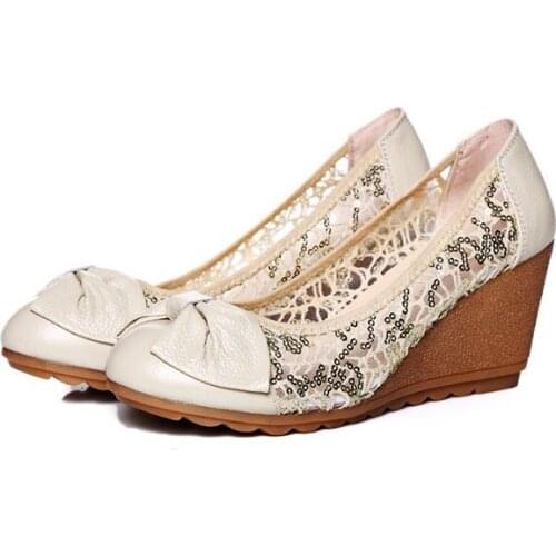 LIHUAMAO Leather women wedges shoes round toe slip on ladies pumps party breathable comfortable work shoes