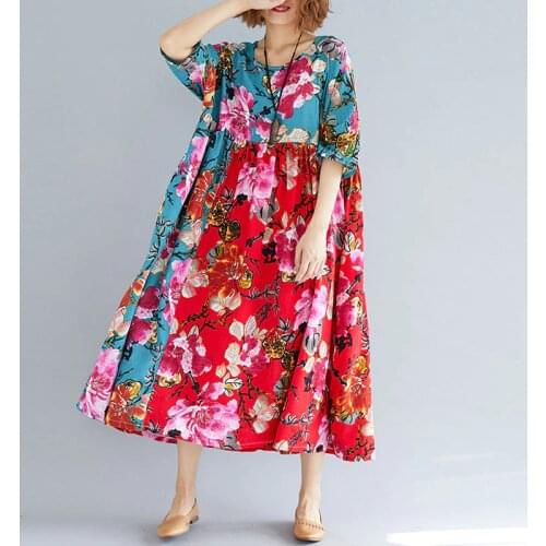 2019 Summer New Bohemian Dress Women Plus Size Ethnic Style Floral Printed Stitching Large Size Casual Loose Dress 4XL 5XL 6XL