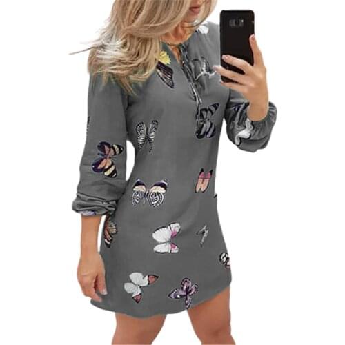 Spring New Dress Women Fashion Lace up Lantern Long Sleeve Butterfly Print A-line Dress Large Size Chiffon Casual Dress Vestidos