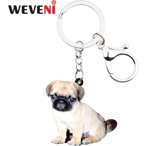 WEVENI Acrylic Pug Dog Key Chains Keychains Holder Cute Animal Jewelry For Women Girls Pet Lovers Bag Car Charms Accessories New