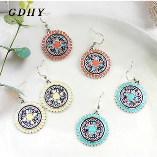 GDHY Coloured Sunflower Pattern Round Pendant Drop Earrings Droplet Drop Earrings Gift