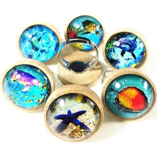 24pcs/lot Wood cabochons with Cartoon Dolphins, Sharks, Starfish, Turtles, Marine Animal Glass cabochons finger Rings for Boy