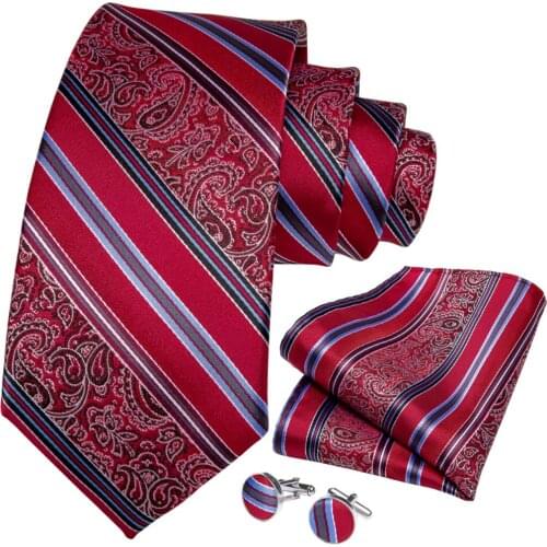 Quality Men Tie Red Striped Paisley Novelty Design Silk Wedding Tie for Men Handky cufflink Gift Tie Set DiBanGu Party SJT-7343
