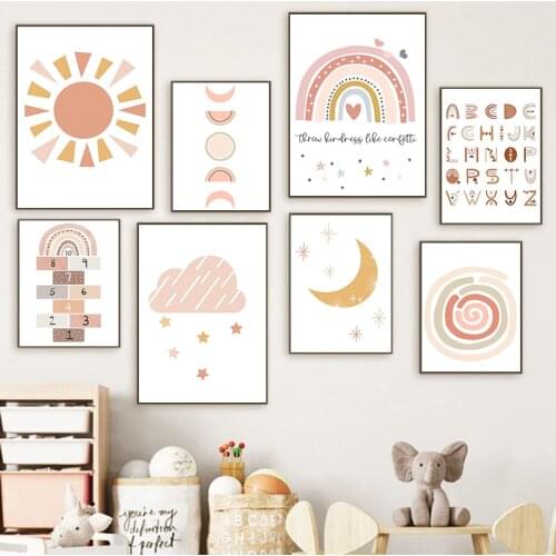 Cactus ABC Alphabet Number Rainbow Cloud Wall Art Canvas Painting Nordic Posters And Prints Wall Pictures Kids Girl Room Decor