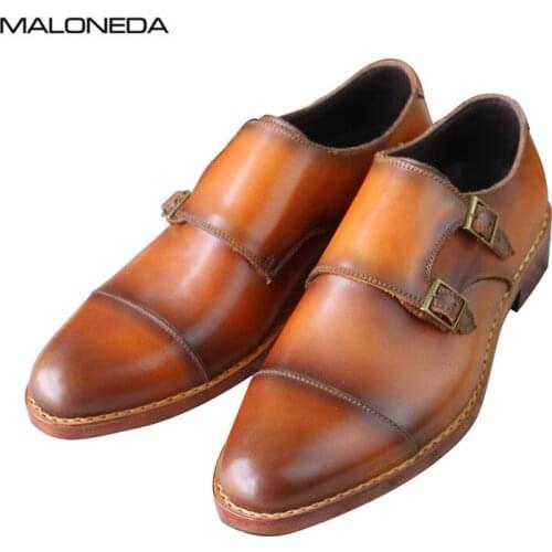 MALONEDA Handmade Goodyear Genuine Leather Mens Formal Dress Shoes Slip On Monk Strap Shoes Bespoke for Wedding