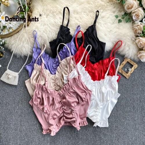 Spaghetti Strap Tank Top Sexy Camis Satin Crop Tops Short Tee Backout Street Causal Woman Ruched TshirtsDropshipping