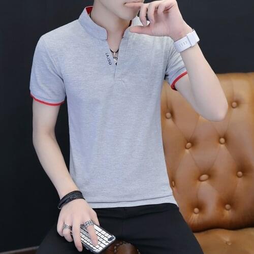 2021 summer new v stand collar solid color short sleeve polo shirt cotton t shirt mens summer wear collar loose lead